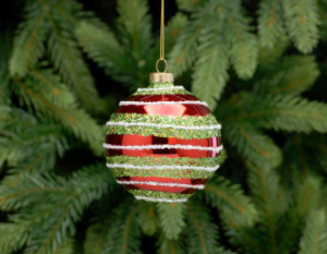 8cm red glass ball with green and white glitter