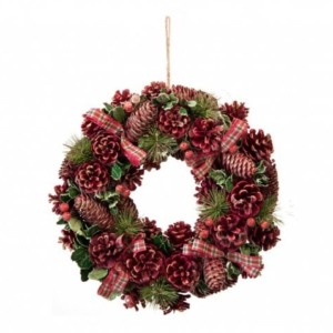 30cm red pinecone wreath in box