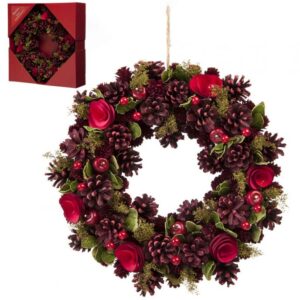 36cm red rose and pinecone wreath in box